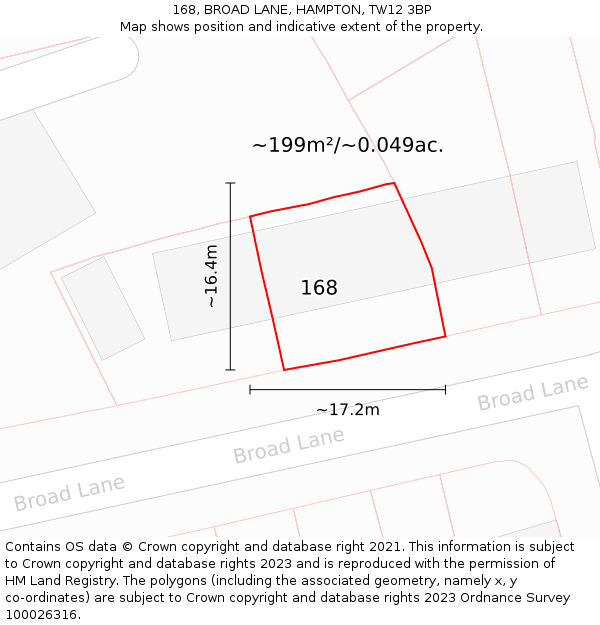 168, BROAD LANE, HAMPTON, TW12 3BP: Plot and title map