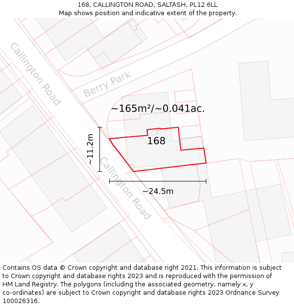 168, CALLINGTON ROAD, SALTASH, PL12 6LL: Plot and title map