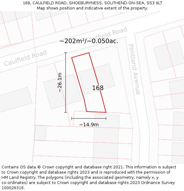 168, CAULFIELD ROAD, SHOEBURYNESS, SOUTHEND-ON-SEA, SS3 9LT: Plot and title map