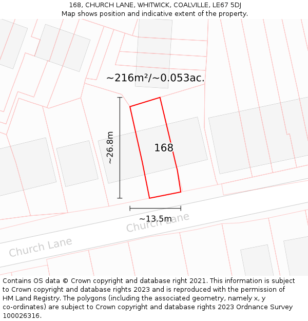 168, CHURCH LANE, WHITWICK, COALVILLE, LE67 5DJ: Plot and title map