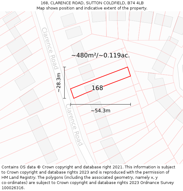 168, CLARENCE ROAD, SUTTON COLDFIELD, B74 4LB: Plot and title map