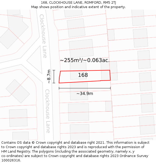 168, CLOCKHOUSE LANE, ROMFORD, RM5 2TJ: Plot and title map
