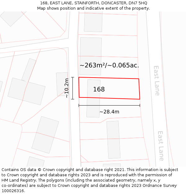 168, EAST LANE, STAINFORTH, DONCASTER, DN7 5HQ: Plot and title map
