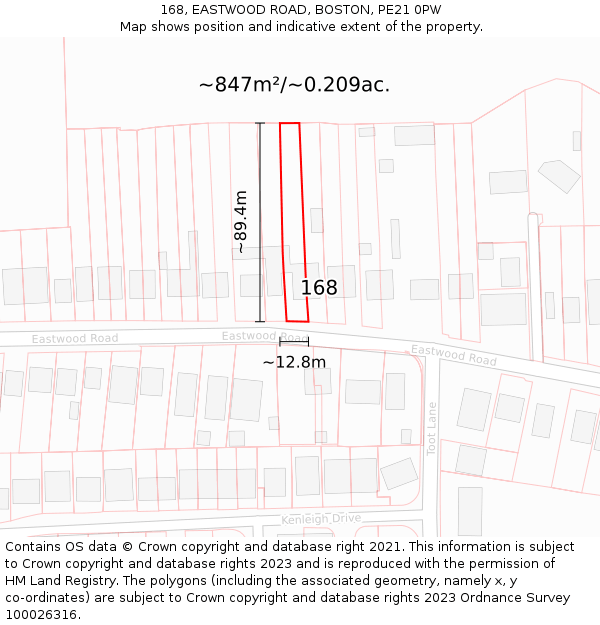 168, EASTWOOD ROAD, BOSTON, PE21 0PW: Plot and title map