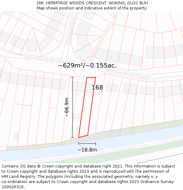 168, HERMITAGE WOODS CRESCENT, WOKING, GU21 8UH: Plot and title map