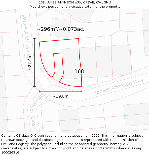 168, JAMES ATKINSON WAY, CREWE, CW1 3NU: Plot and title map