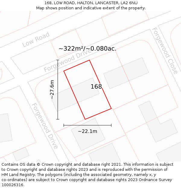 168, LOW ROAD, HALTON, LANCASTER, LA2 6NU: Plot and title map