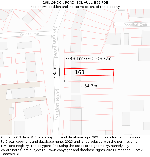 168, LYNDON ROAD, SOLIHULL, B92 7QE: Plot and title map