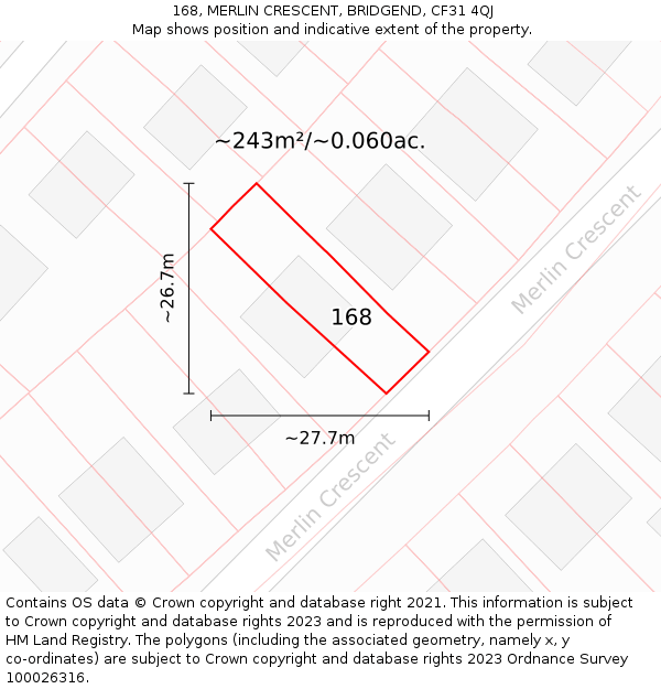 168, MERLIN CRESCENT, BRIDGEND, CF31 4QJ: Plot and title map