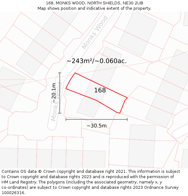168, MONKS WOOD, NORTH SHIELDS, NE30 2UB: Plot and title map
