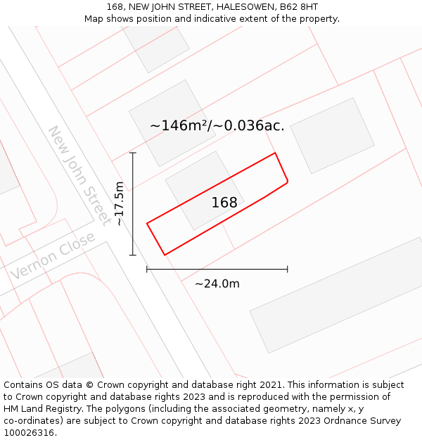 168, NEW JOHN STREET, HALESOWEN, B62 8HT: Plot and title map