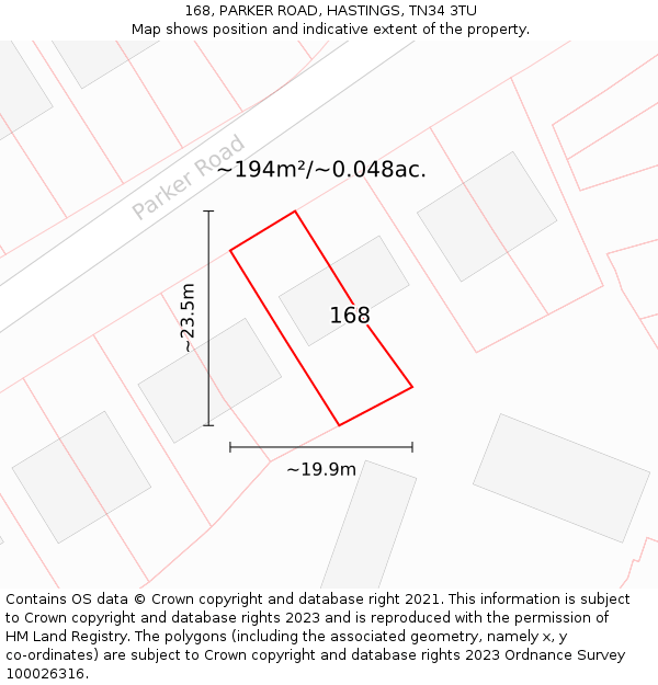 168, PARKER ROAD, HASTINGS, TN34 3TU: Plot and title map