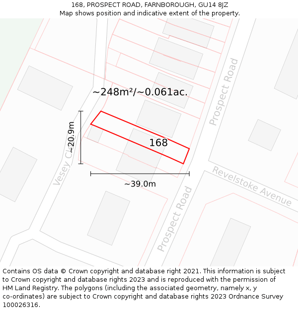 168, PROSPECT ROAD, FARNBOROUGH, GU14 8JZ: Plot and title map