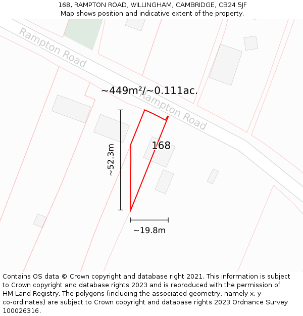 168, RAMPTON ROAD, WILLINGHAM, CAMBRIDGE, CB24 5JF: Plot and title map