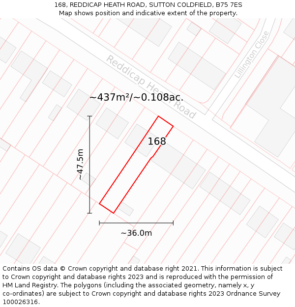 168, REDDICAP HEATH ROAD, SUTTON COLDFIELD, B75 7ES: Plot and title map