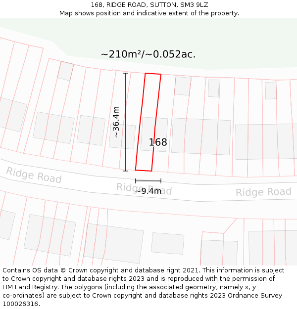 168, RIDGE ROAD, SUTTON, SM3 9LZ: Plot and title map