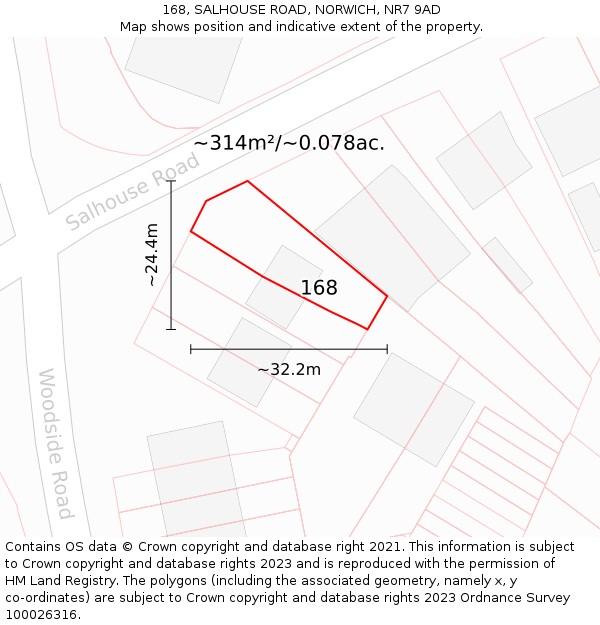 168, SALHOUSE ROAD, NORWICH, NR7 9AD: Plot and title map