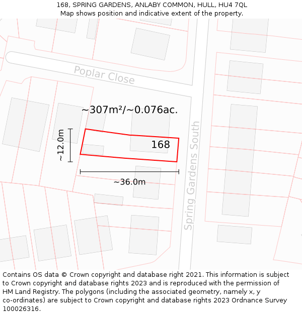 168, SPRING GARDENS, ANLABY COMMON, HULL, HU4 7QL: Plot and title map