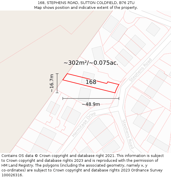 168, STEPHENS ROAD, SUTTON COLDFIELD, B76 2TU: Plot and title map