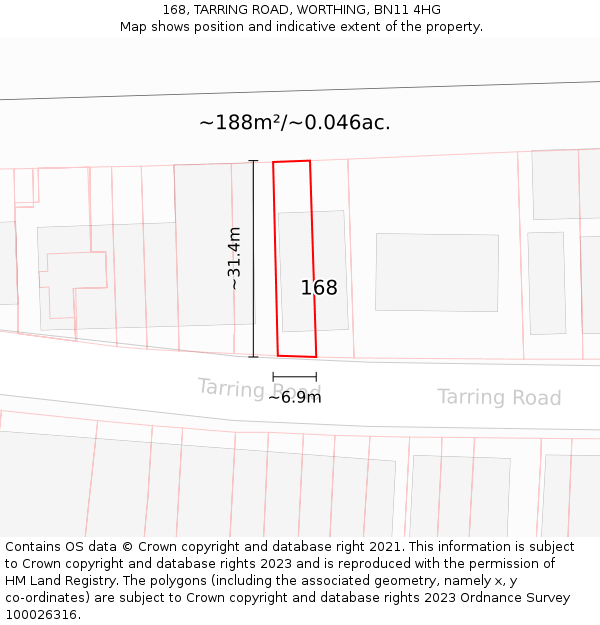 168, TARRING ROAD, WORTHING, BN11 4HG: Plot and title map