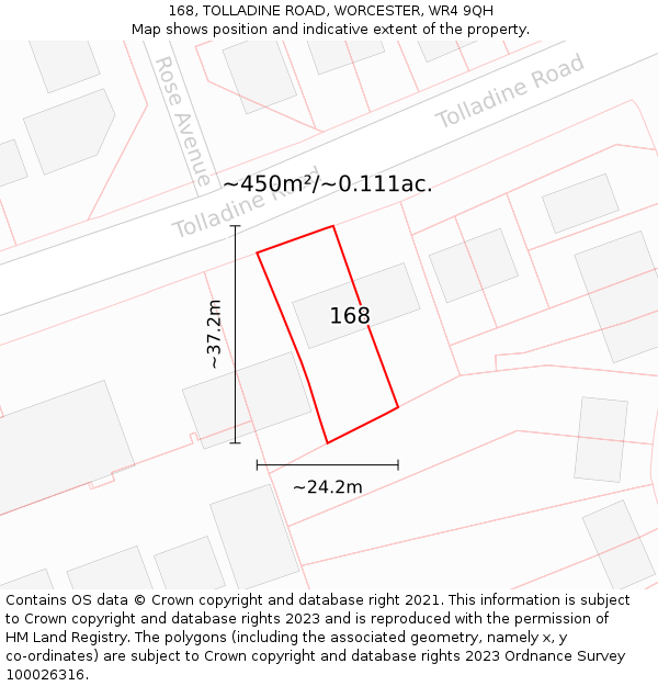 168, TOLLADINE ROAD, WORCESTER, WR4 9QH: Plot and title map