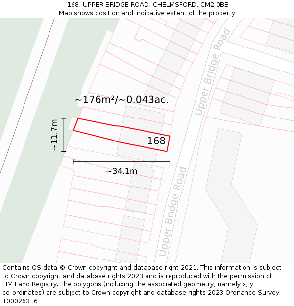 168, UPPER BRIDGE ROAD, CHELMSFORD, CM2 0BB: Plot and title map