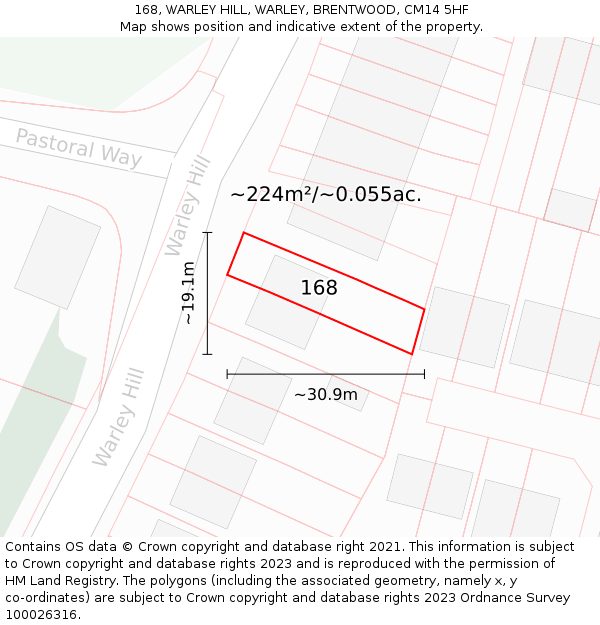 168, WARLEY HILL, WARLEY, BRENTWOOD, CM14 5HF: Plot and title map