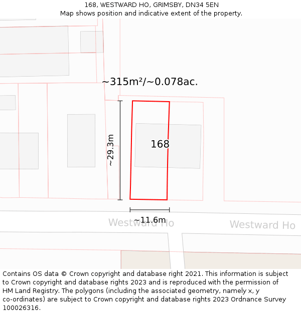 168, WESTWARD HO, GRIMSBY, DN34 5EN: Plot and title map