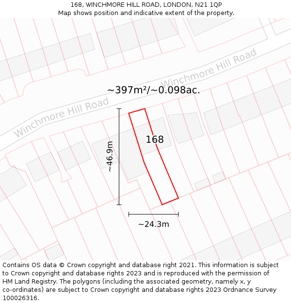 168, WINCHMORE HILL ROAD, LONDON, N21 1QP: Plot and title map