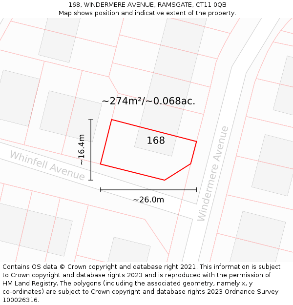 168, WINDERMERE AVENUE, RAMSGATE, CT11 0QB: Plot and title map