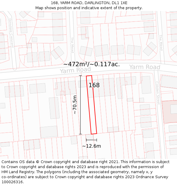 168, YARM ROAD, DARLINGTON, DL1 1XE: Plot and title map