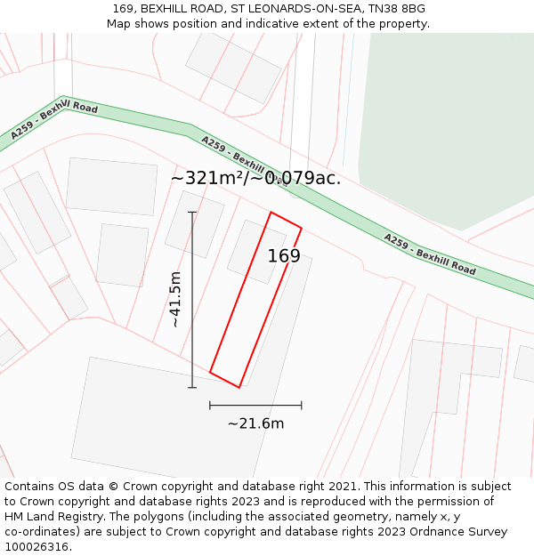 169, BEXHILL ROAD, ST LEONARDS-ON-SEA, TN38 8BG: Plot and title map