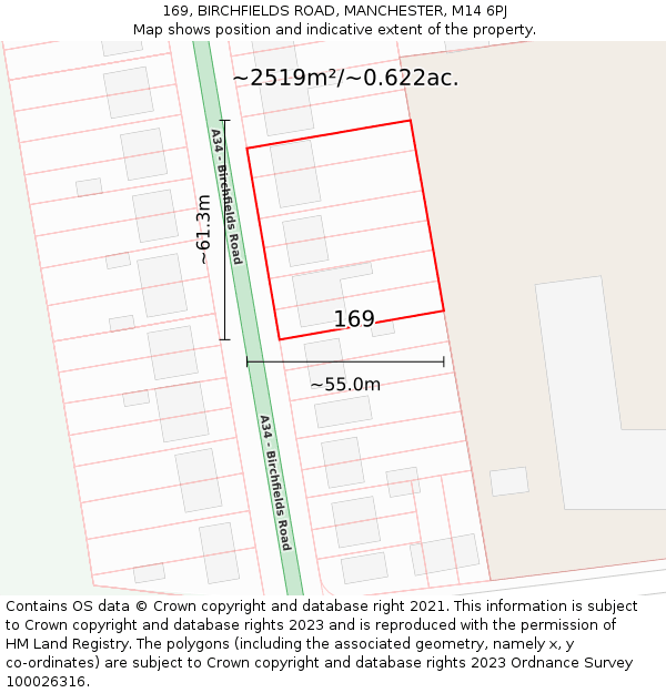 169, BIRCHFIELDS ROAD, MANCHESTER, M14 6PJ: Plot and title map