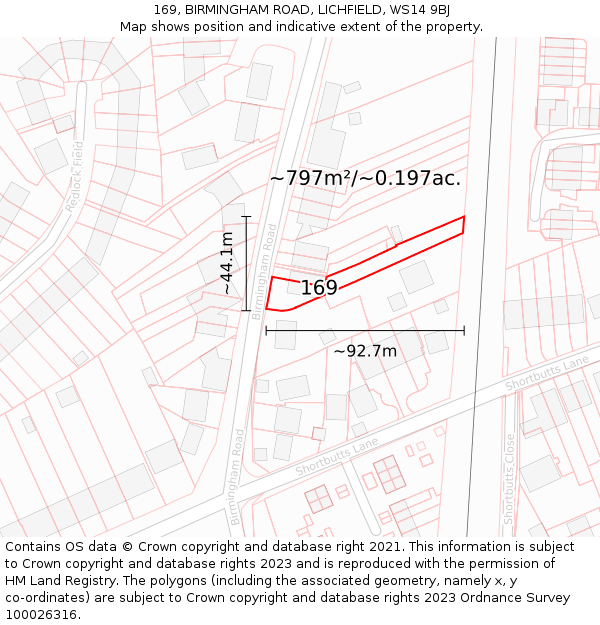 169, BIRMINGHAM ROAD, LICHFIELD, WS14 9BJ: Plot and title map