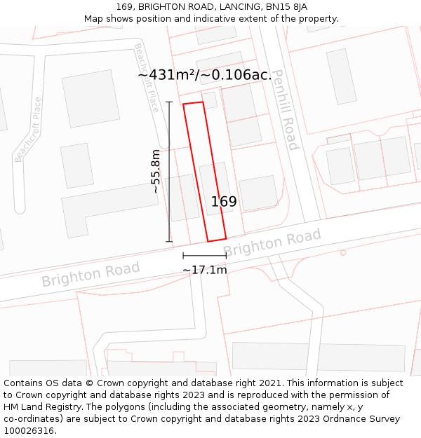 169, BRIGHTON ROAD, LANCING, BN15 8JA: Plot and title map