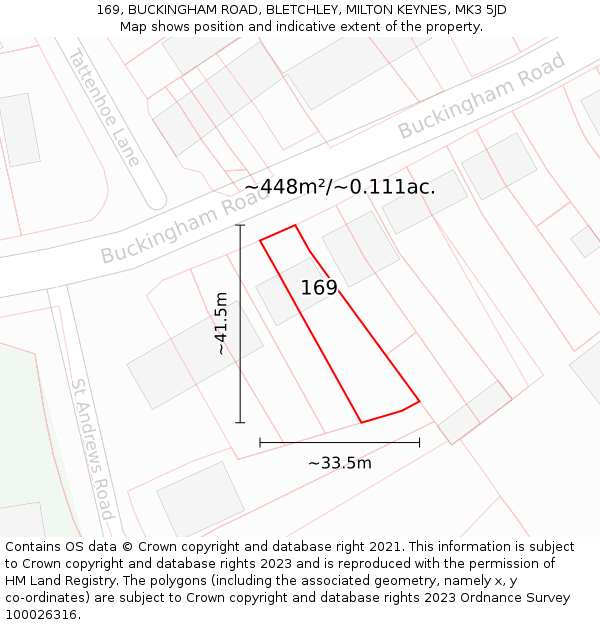 169, BUCKINGHAM ROAD, BLETCHLEY, MILTON KEYNES, MK3 5JD: Plot and title map