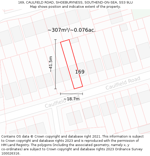 169, CAULFIELD ROAD, SHOEBURYNESS, SOUTHEND-ON-SEA, SS3 9LU: Plot and title map