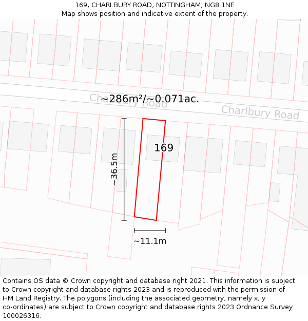 169, CHARLBURY ROAD, NOTTINGHAM, NG8 1NE: Plot and title map
