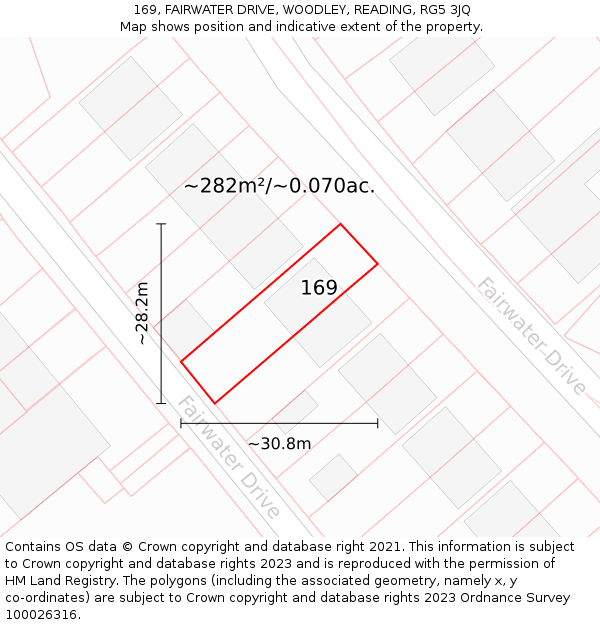 169, FAIRWATER DRIVE, WOODLEY, READING, RG5 3JQ: Plot and title map