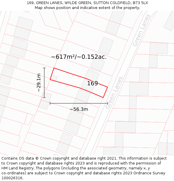 169, GREEN LANES, WYLDE GREEN, SUTTON COLDFIELD, B73 5LX: Plot and title map