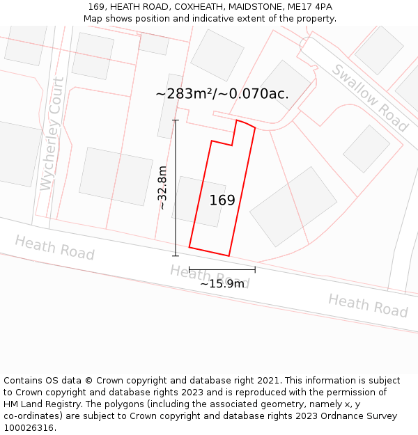 169, HEATH ROAD, COXHEATH, MAIDSTONE, ME17 4PA: Plot and title map
