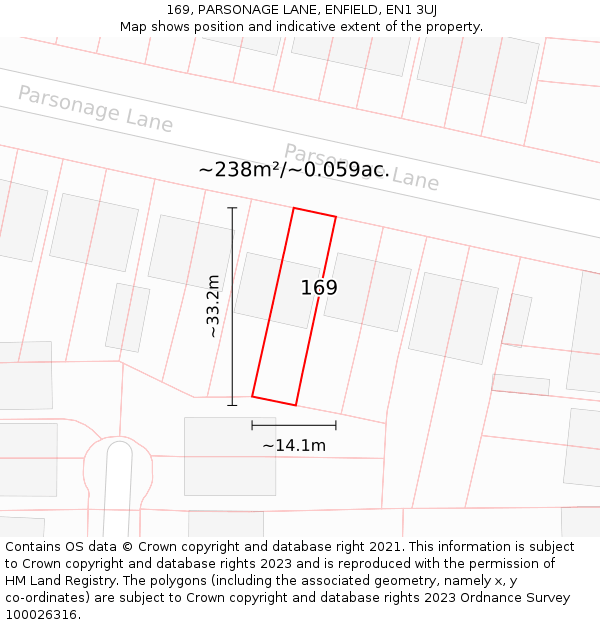 169, PARSONAGE LANE, ENFIELD, EN1 3UJ: Plot and title map