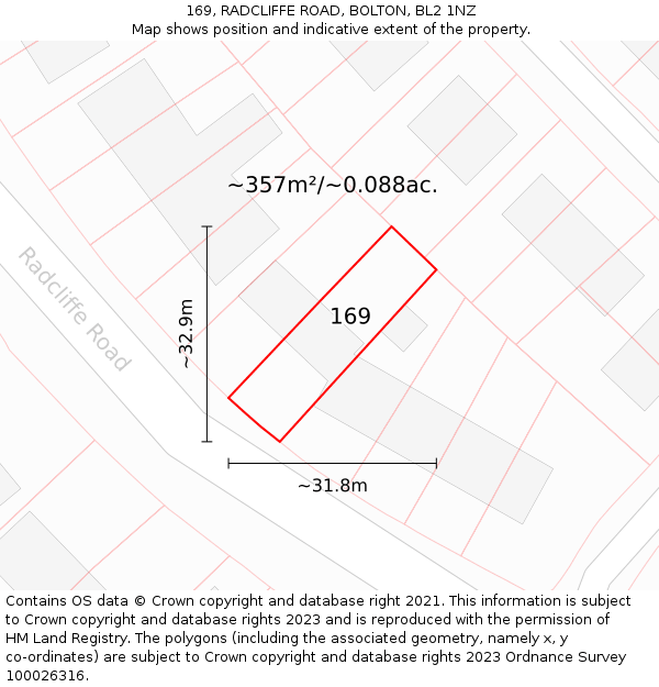 169, RADCLIFFE ROAD, BOLTON, BL2 1NZ: Plot and title map