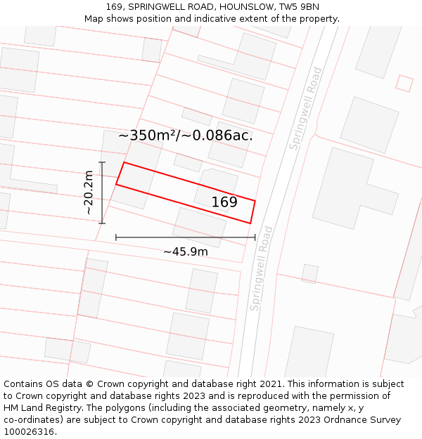 169, SPRINGWELL ROAD, HOUNSLOW, TW5 9BN: Plot and title map