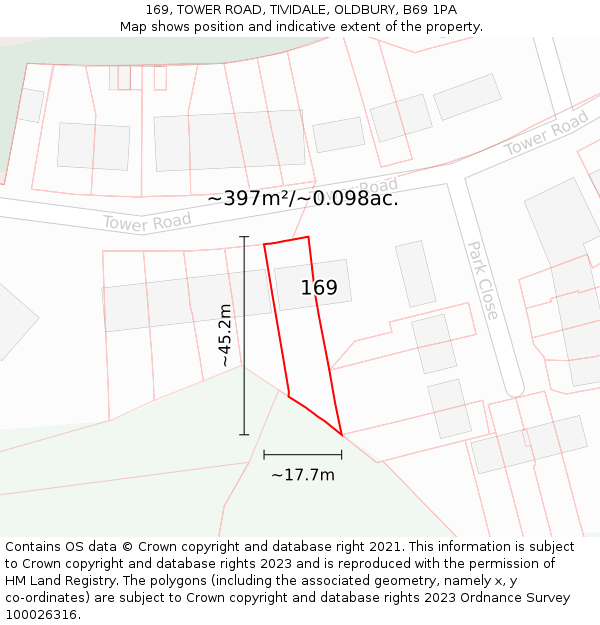 169, TOWER ROAD, TIVIDALE, OLDBURY, B69 1PA: Plot and title map