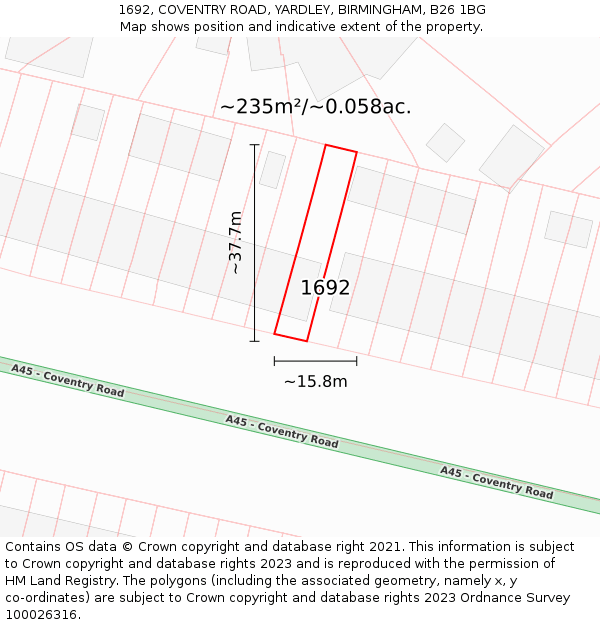 1692, COVENTRY ROAD, YARDLEY, BIRMINGHAM, B26 1BG: Plot and title map
