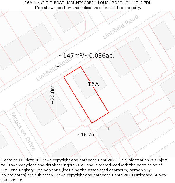 16A, LINKFIELD ROAD, MOUNTSORREL, LOUGHBOROUGH, LE12 7DL: Plot and title map