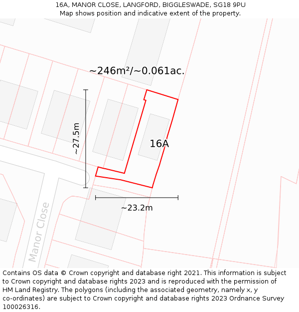 16A, MANOR CLOSE, LANGFORD, BIGGLESWADE, SG18 9PU: Plot and title map