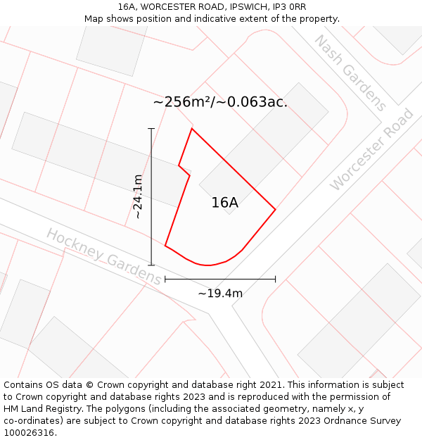 16A, WORCESTER ROAD, IPSWICH, IP3 0RR: Plot and title map