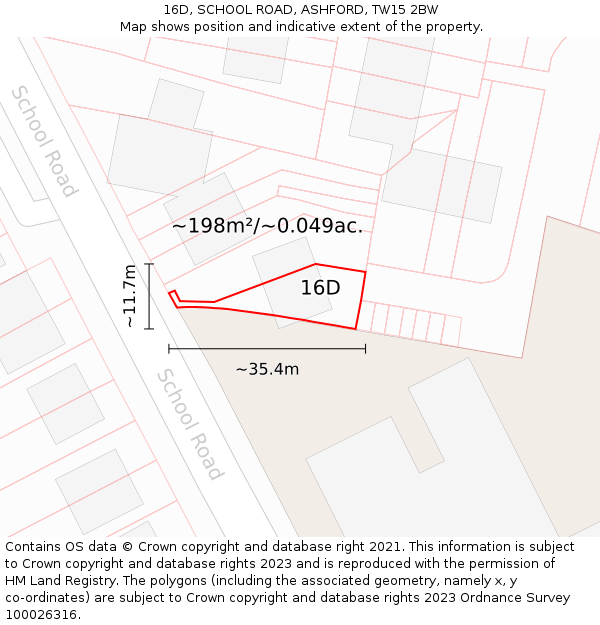 16D, SCHOOL ROAD, ASHFORD, TW15 2BW: Plot and title map